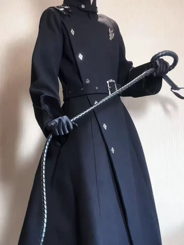 Trench Coat Formal - เสื้อโค้ทขนสัตว์ทรงเข้ารูปยาวปานกลาง สไตล์โกธิค ประดับเข็มขัด สีดำ ดีไซน์หรูหรา ตัดต่อผ้าแบบแพทช์เวิร์ค