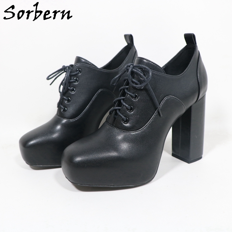 Pump Heel Block - รองเท้าส้นตึกแบบผูกเชือกสไตล์ยูนิเซ็กซ์ รุ่น Sorbern สำหรับผู้หญิง รองเท้าบูทสั้นเสริมส้นแบบซ่อน สีตามสั่ง