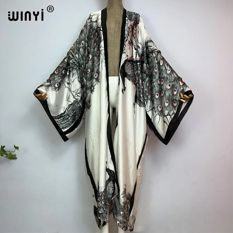 Young Women'S Formal Wear - Winyi ชุดเดรสผ้าไหมแขนยาวพิมพ์ลายนกยูงคลาสสิกสำหรับฤดูร้อนชุดคาร์ดิแกนสไตล์แอฟริกัน