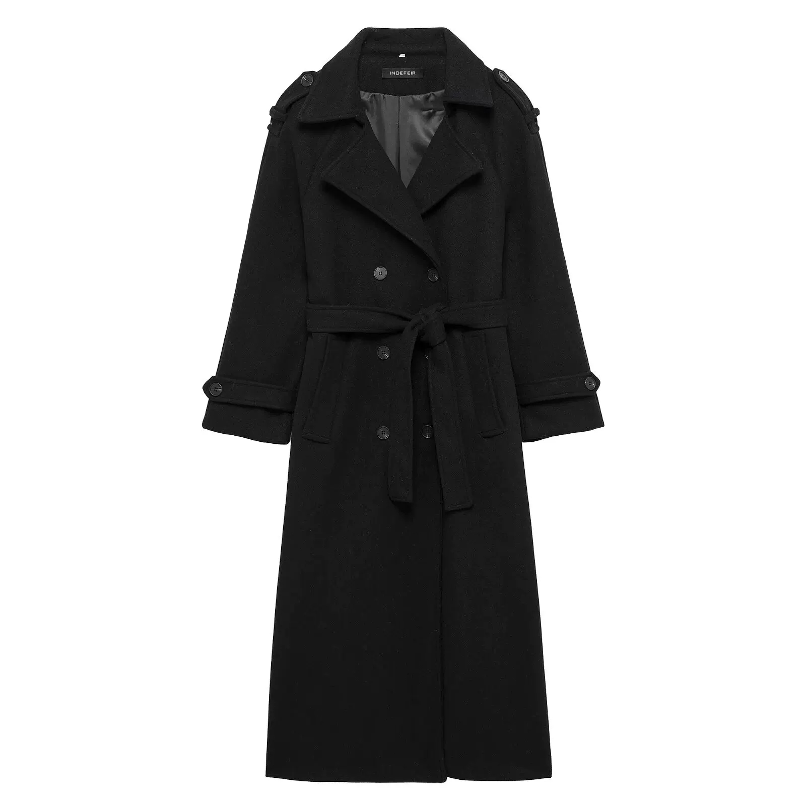 Trench Coat Formal - เสื้อโค้ทแฟชั่นผู้หญิงสีดำ ทรงเทรนช์โค้ท กระดุมสองแถว แขนยาว ปกเสื้อแบบลา펠 ผ้าผสม