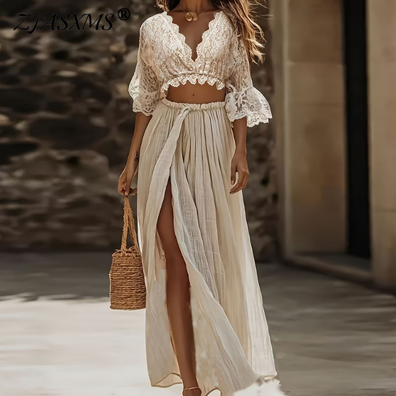 Women'S Formal Wear Suits - ชุดเซ็ตสองชิ้นสไตล์โบฮีเมียนสำหรับผู้หญิง เสื้อครอปคอวีลึกเซ็กซี่+กระโปรงแม็กซี่ผ่าสูงเอวสูง ชุดเที่ยวพักผ่อน แขนบาน แต่งลายฉลุ