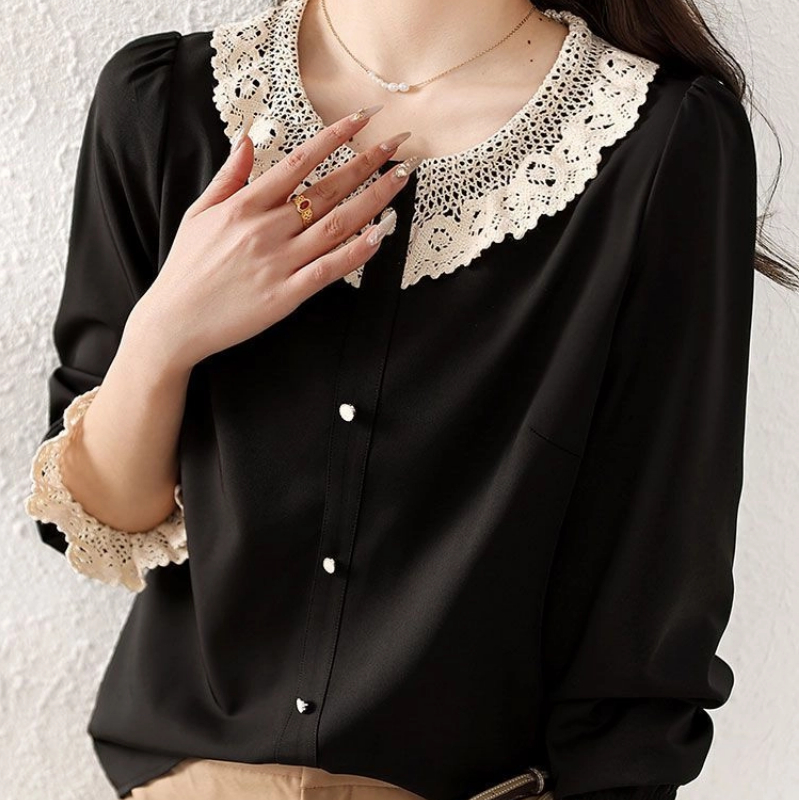 Women'S Formal Wear Blouse - เสื้อผ้าผู้หญิง เสื้อเบลาส์ลายต่อผ้าสไตล์หรูหรา สำหรับฤดูใบไม้ผลิและฤดูใบไม้ร่วง แขนยาว แต่งผ้าลูกไม้ เสื้อทรงหลวม
