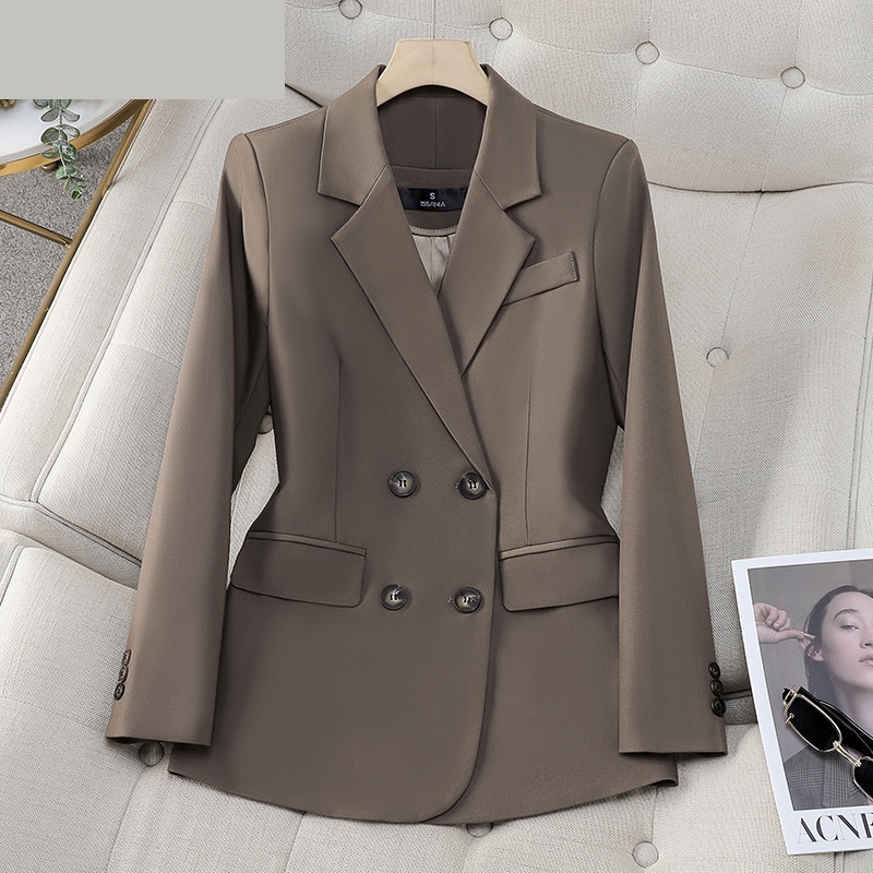 Women Formal Wear With Black Blazer - เสื้อเบลเซอร์ผู้หญิงสีน้ำตาลดำกระดุมสองแถวสำหรับสาวออฟฟิศชุดทำงานทางการ
