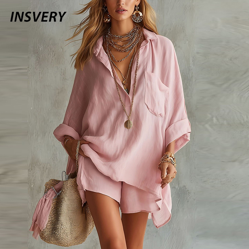 Women'S Formal Wear Blouse - เสื้อเชิ้ตแขนยาวคอวีสำหรับฤดูใบไม้ผลิและฤดูร้อน กางเกงขาสั้นเอวสูงทรงหลวม ชุดลำลองสองชิ้นสำหรับผู้หญิง สวมใส่สบาย