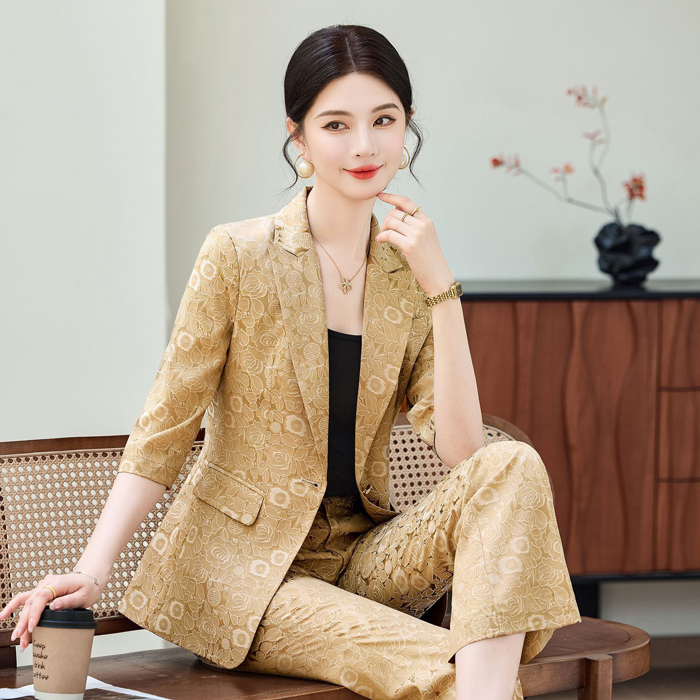 Women'S Office Formal Wear For Ladies - แฟชั่นชุดสูทมืออาชีพสีแอพริคอท แขนครึ่งตัว สำหรับผู้หญิง รุ่นใหม่ 2026 ฤดูร้อน