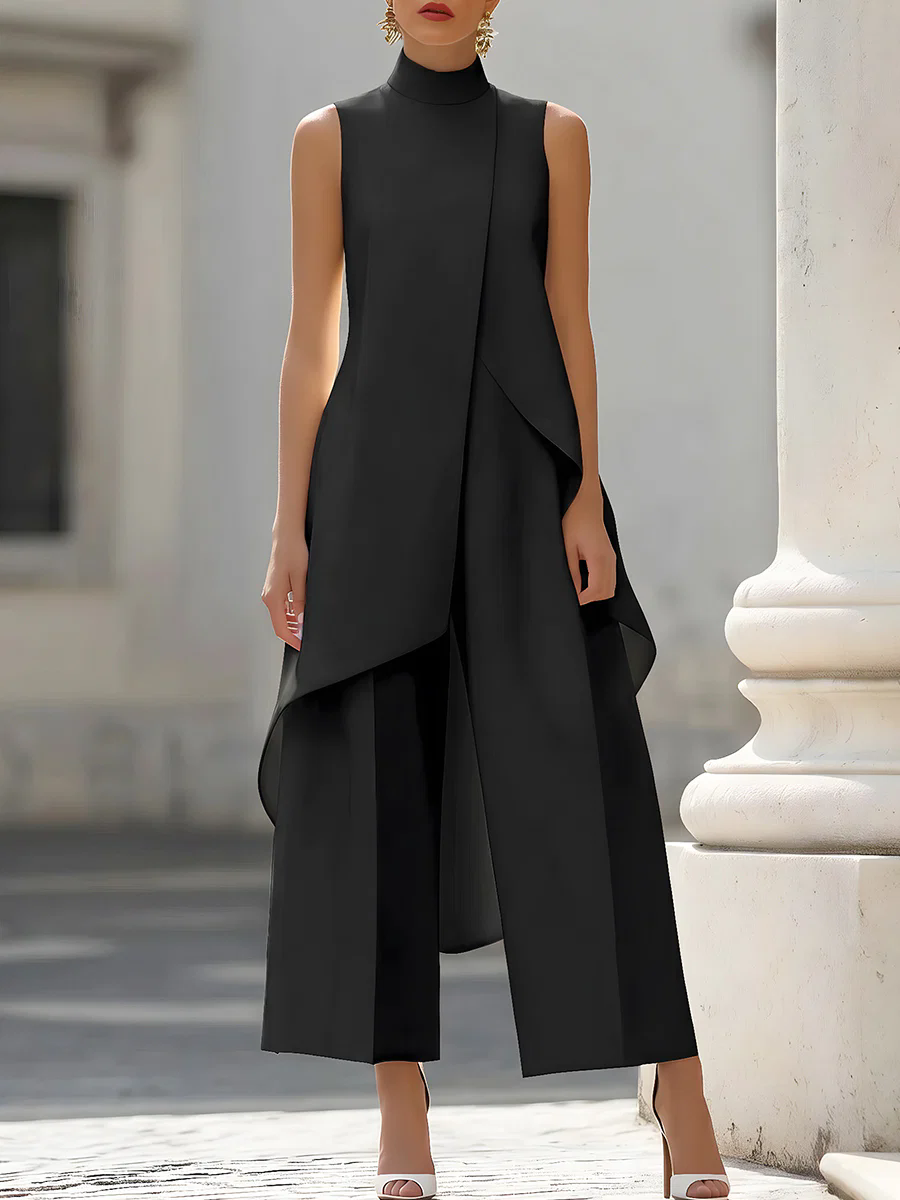 Women'S Office Formal Wear For Ladies - จั๊มสูทแขนกุดคอสูงทรงเอ-ไลน์แบบเลเยอร์ ขากว้าง สำหรับผู้หญิง สวมใส่ได้ทั้งงานทางการและงานกลางคืนอย่างสง่างาม