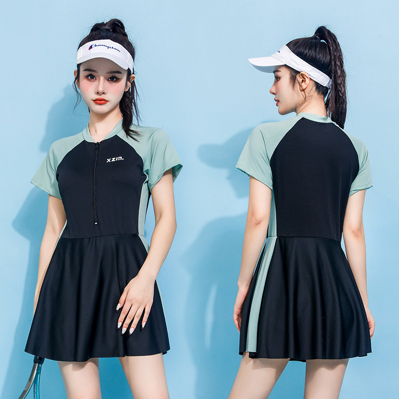 Young Women'S Formal Wear - ชุดว่ายน้ำวันพีซแขนยาวสำหรับผู้หญิง แบบมีซิปด้านหน้า ลายบล็อกสีสัน กระโปรงสุภาพ ชุดว่ายน้ำแบบรัดรูป ป้องกันแสงแดด
