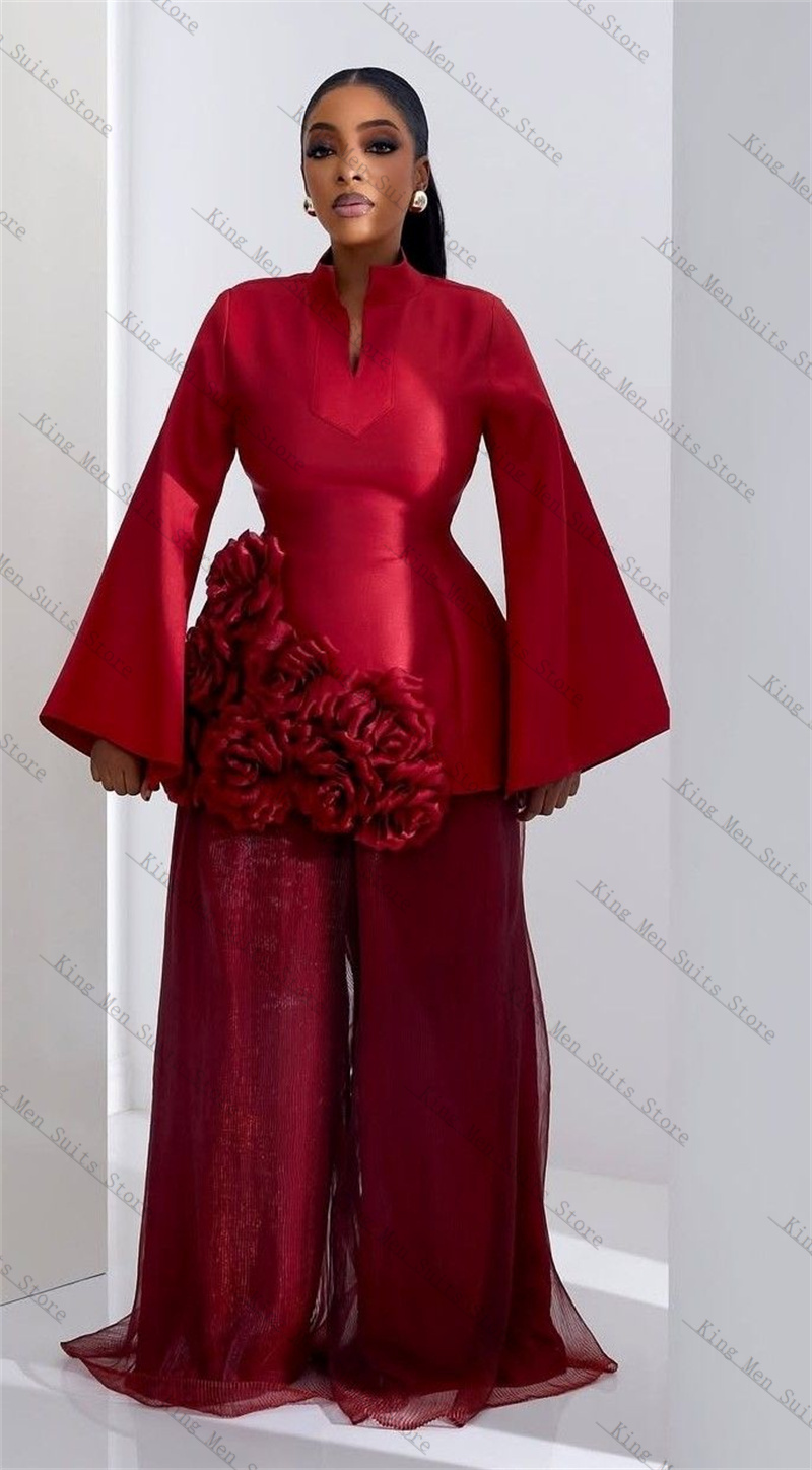 Women'S Formal Wear For A Wedding Guest - ชุดสูทผู้หญิงสีเบอร์กันดี 2 ชิ้น เสื้อเบลเซอร์+กางเกงขายาวทรงหลวม ลายดอกไม้ 3