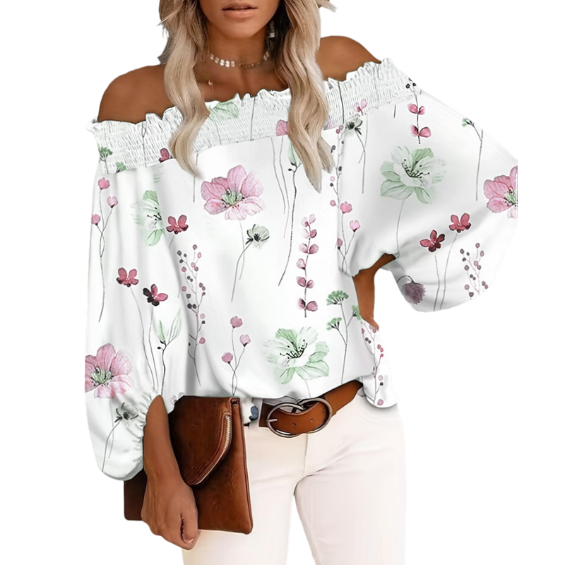 Women'S Formal Wear Blouse - เสื้อเบลาส์แฟชั่นไซส์ใหญ่สำหรับผู้หญิง ลายดอกไม้ แขนยาว เปิดไหล่ สไตล์ลำลอง เหมาะสำหรับใส่ไปเที่ยวทะเลในช่วงฤดูร้อน