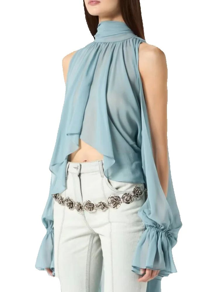 Women'S Formal Wear Blouse - 2025 ฤดูร้อนผู้หญิงVINTAGEโปร่งแสงหลวมFlare Sleeve Rufflesฉัตรเสื้อLady ElegantชีฟองคอLayeredเสื้อ