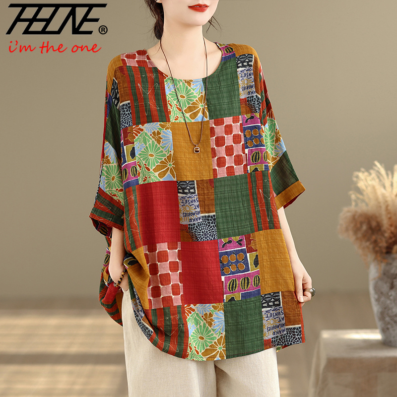 Women'S Formal Wear Blouse - เสื้อเชิ้ตผู้หญิง THHONE ลายพิมพ์ ทรงหลวม ไซส์ใหญ่ ผ้าฝ้ายลินิน