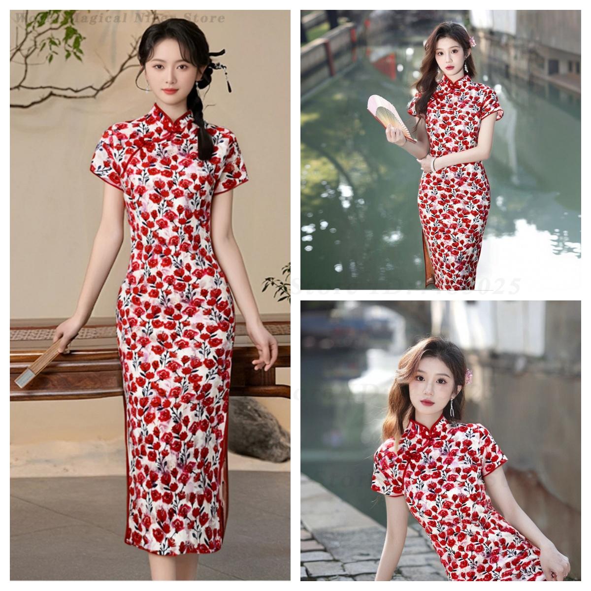 Young Women'S Formal Wear - ชุดกี่เพ้าสไตล์จีนโบราณสีแดงแบบสั้นสำหรับฤดูร้อนใหม่ ทรงเข้ารูปสวยงาม เหมาะสำหรับสาวรูปร่างทรงลูกแพร์ ใส่ได้ทุกวัน