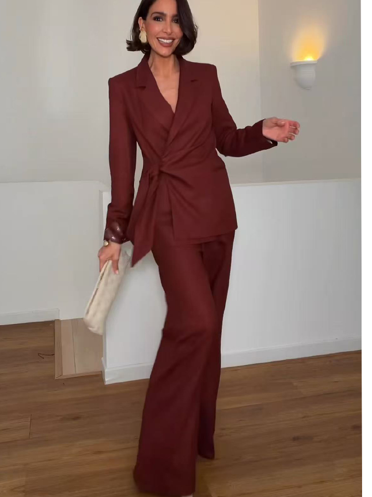 Women'S Office Formal Wear For Ladies - ชุดสูทแฟชั่นสำหรับสุภาพสตรี เสื้อเบลเซอร์ทรงเข้ารูป แต่งเชือกผูก พร้อมกางเกงขายาวทรงตรง สไตล์หรูหรา เหมาะสำหรับใส่ทำงาน