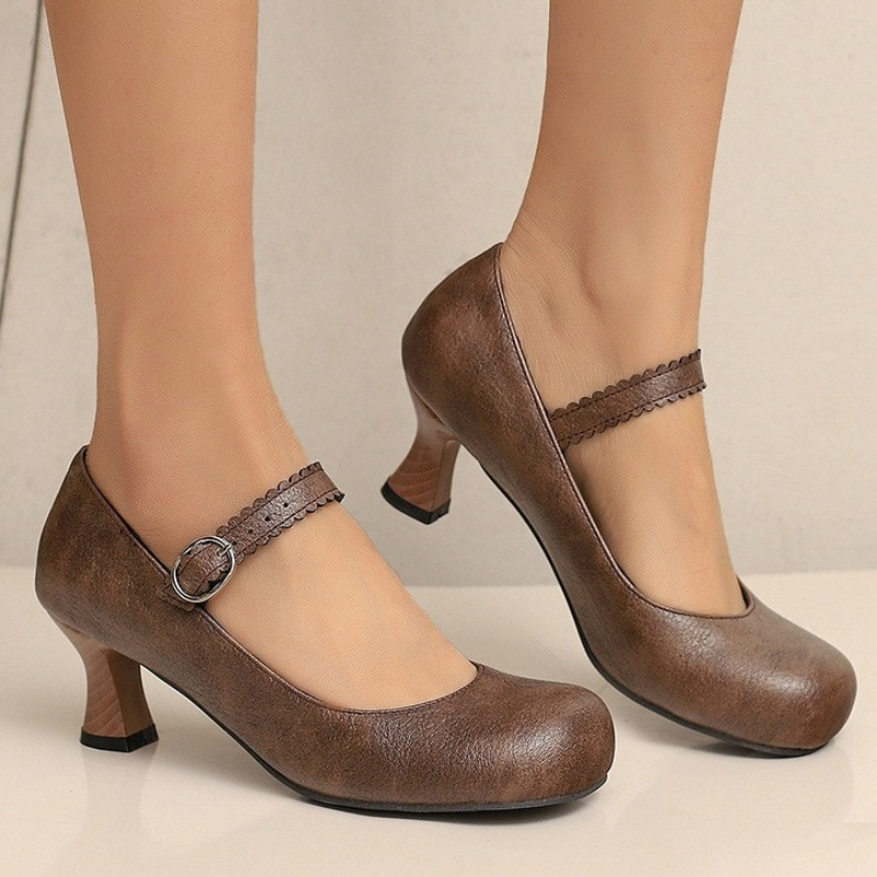 Formal Women Daily Wear Shoes - รองเท้าส้นเตี้ยแบบแมรี่เจนสไตล์เรโทรสำหรับผู้หญิง หัวกลม สายรัดหัวเข็มขัด หนัง PU นุ่ม