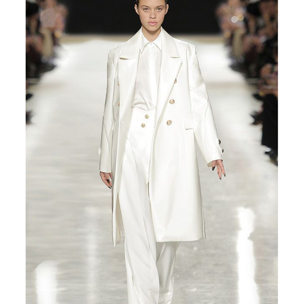 Trench Coat Formal - เสื้อโค้ทเทรนช์โค้ทผ้าซาตินสีขาวสุดหรูสำหรับผู้หญิง แบบกระดุมสองแถว สไตล์ทางการสุดชิค คอปกแบบลาペル ทรงยาวโอเวอร์ไซส์