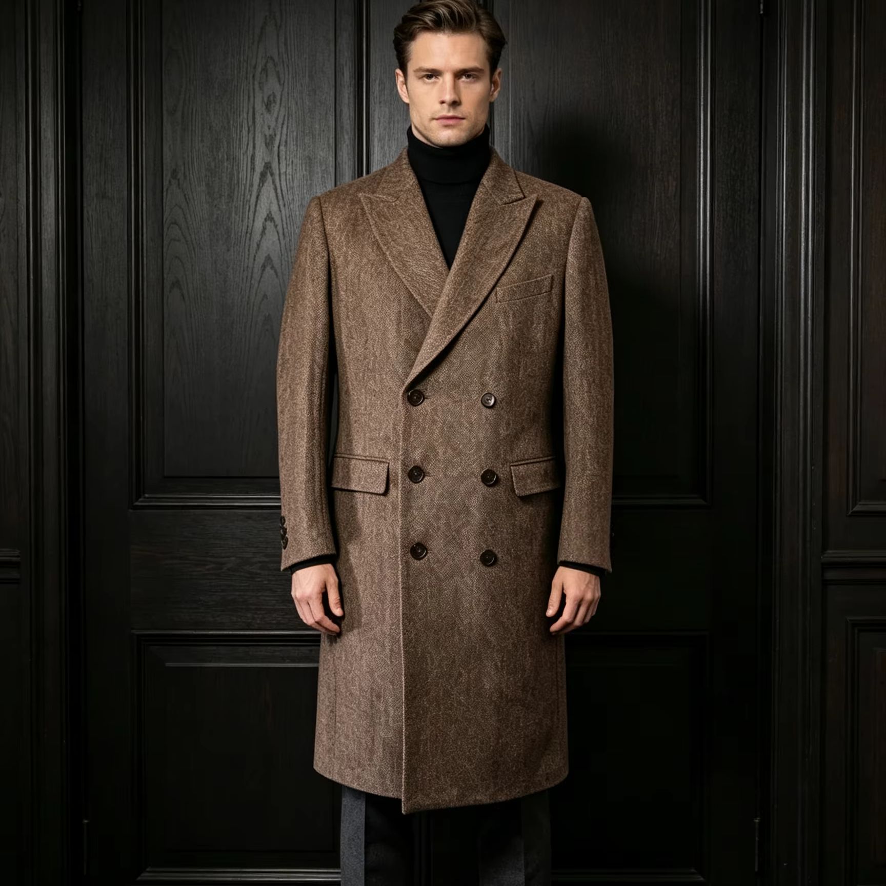 Trench Coat Formal - เสื้อโค้ทยาวผู้ชาย ขนสัตว์แท้ 100% แบบกระดุมสองแถว สไตล์อิตาลีสุดหรู ป้องกันลม