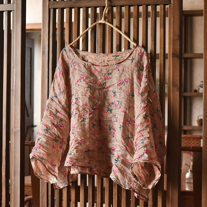 Women'S Formal Wear Blouse - ผู้หญิงOversize Vintage Ramie O-คอด้านบนและเสื้อหญิงพิมพ์ดอกไม้แขนยาวเสื้อผ้าคุณภาพสูง 2025 ฤดูใบไม้ผลิผู้หญิงเสื้อ