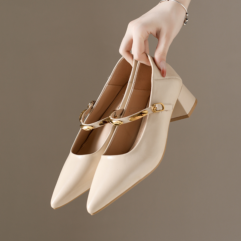 Pump Heel Block - รองเท้าส้นเตี้ยแบบแมรี่เจนหัวแหลม สไตล์ใหม่ สำหรับผู้หญิง รองเท้าส้นตึกแบบเปิดส้น สำหรับฤดูใบไม้ร่วง รองเท้าส้นสูงแบบปั๊ม