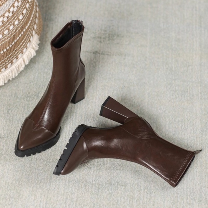 Pump Heel Block - รองเท้าบูทหุ้มข้อทรงแหลมแบบฝรั่งเศส รองเท้าบูทยืด รองเท้าบูทแฟชั่นฤดูใบไม้ร่วงและฤดูหนาว รองเท้าส้นตึกแบบมีซิป