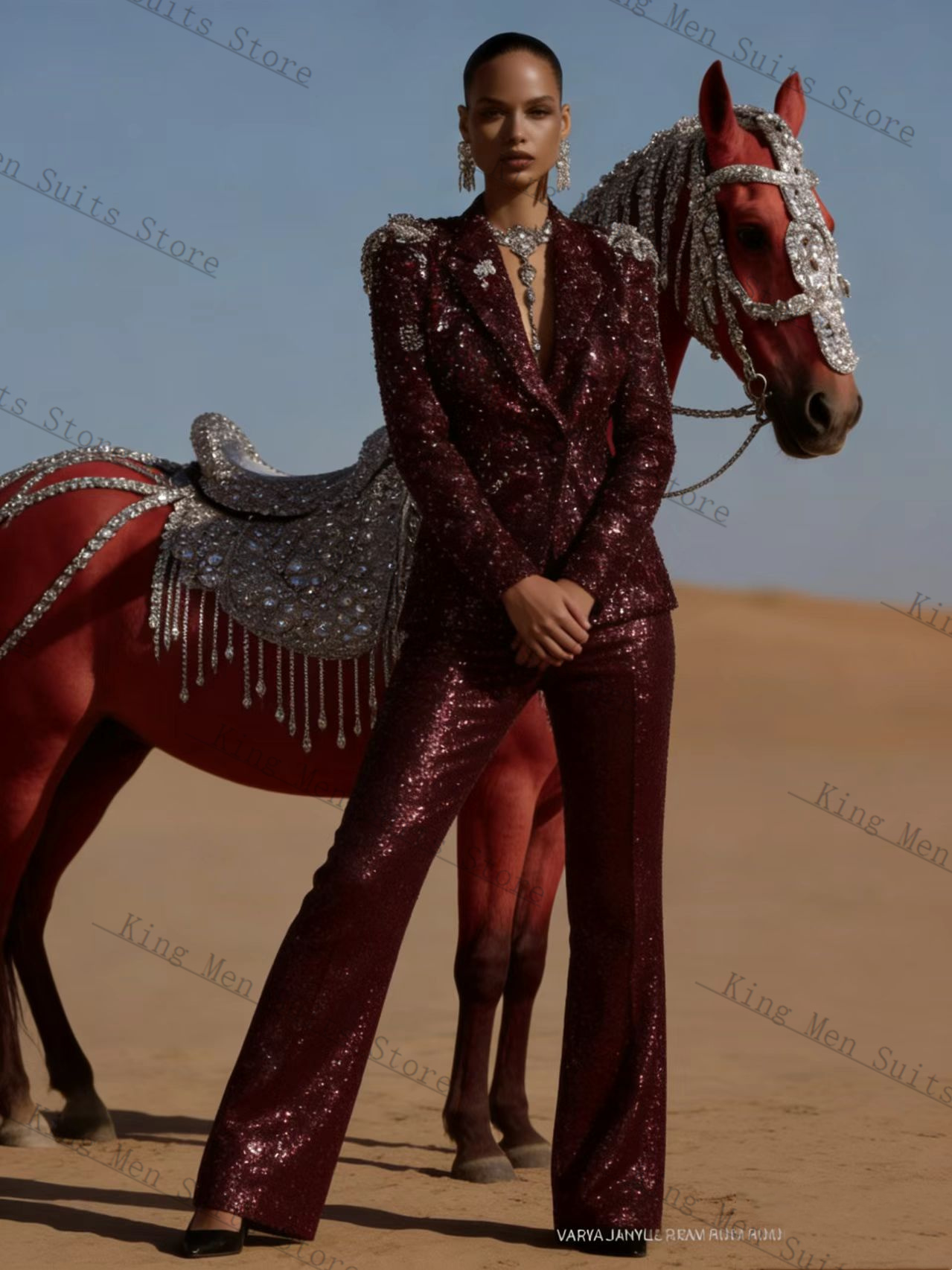 Women Luxury Formal Wear - ชุดสูทผู้หญิงสีแดงเบอร์กันดีแบบมันเงา 2 ชิ้น เสื้อสูท+กางเกงขายาว หรูหรา สำหรับฤดูใบไม้ผลิ