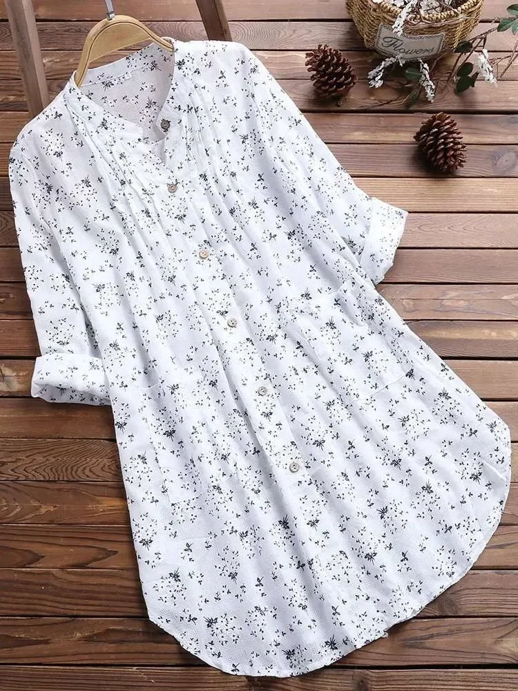 Women'S Formal Wear Blouse - พลัสขนาดเสื้อผู้หญิง 2025 ใหม่แขนยาวสีขาวสบายๆน่ารักหวานเสื้อแฟชั่นดอกไม้พิมพ์Lapelปุ่มด้านบน