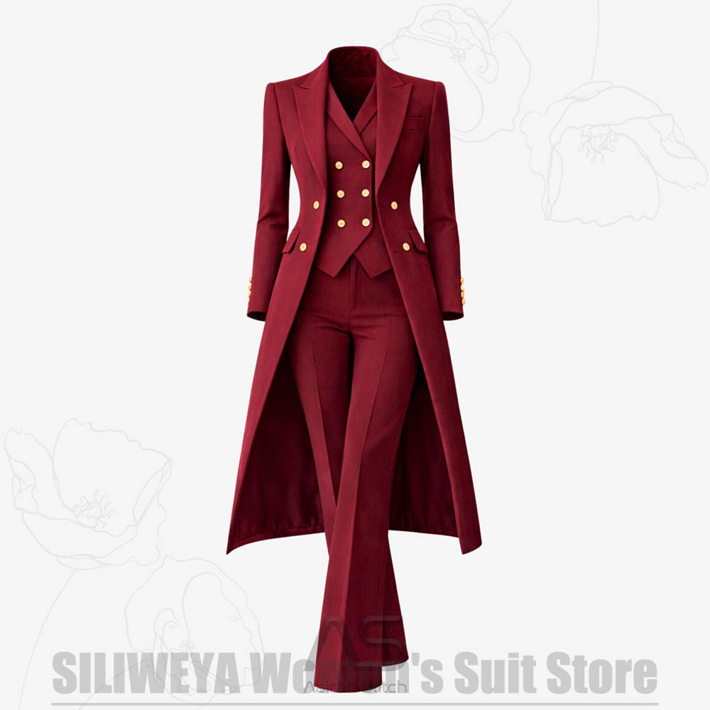 Women Luxury Formal Wear - ชุดสูทผู้หญิง 3 ชิ้น แบบกระดุมสองแถว เสื้อโค้ทยาว เสื้อกั๊ก