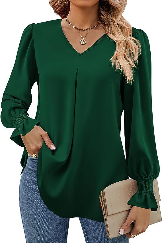 Women'S Formal Wear Blouse - เสื้อแขนยาวผู้หญิงฤดูใบไม้ผลิสีทึบ V คอแขนยาวแฟชั่น High Street สีดํา