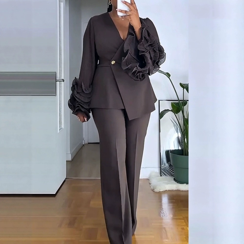 Women'S Formal Wear Suits - ชุดสูทกางเกง 2 ชิ้นสำหรับผู้หญิง เสื้อเบลเซอร์แขนยาวระบายทรงวีลึก กางเกงขายาวเอวสูงทรงตรง ชุดทำงานสุดหรู
