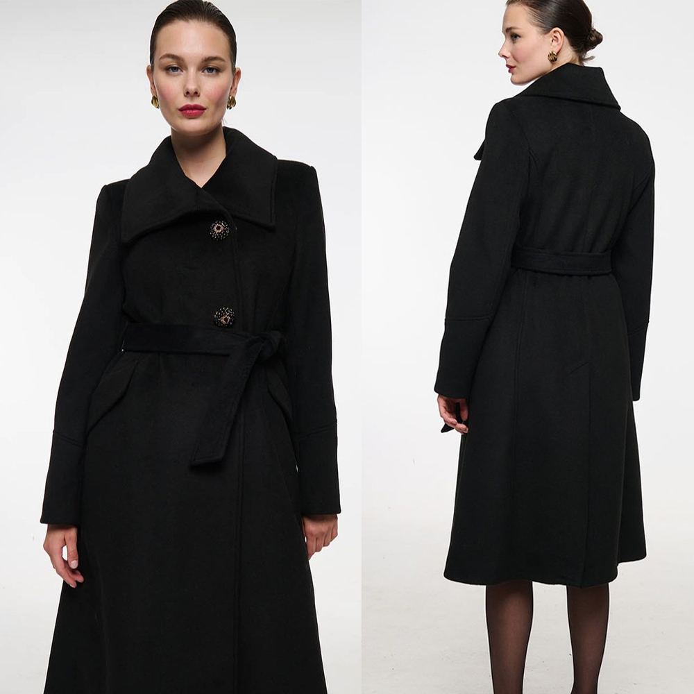 Women'S Formal Wear Plus Size - เสื้อโค้ทขนสัตว์สีดำสไตล์วินเทจสำหรับผู้หญิง คอตั้ง ไซส์ใหญ่ ยาว พร้อมเข็มขัด ชุดทางการสั่งตัดได้
