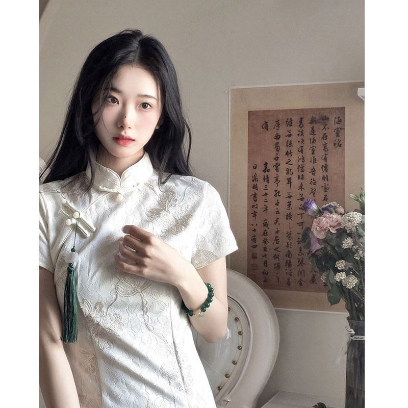 Young Women'S Formal Wear - ชุดกี่เพ้าสีขาวสไตล์จีนโบราณสำหรับผู้หญิง รุ่น CH-117 เหมาะสำหรับฤดูร้อน สไตล์เซี่ยงไฮ้โบราณ สำหรับสาวๆ