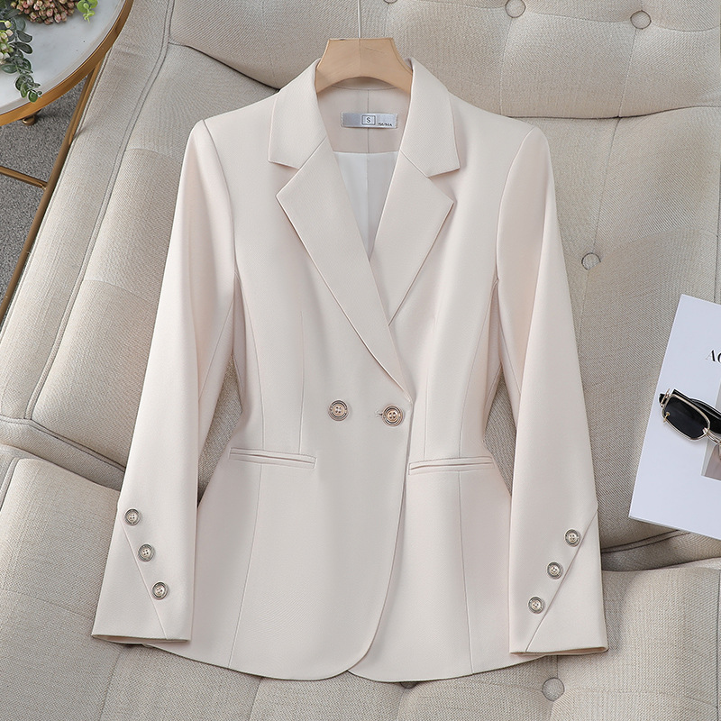 Women Formal Wear With Black Blazer - เสื้อเบลเซอร์ผู้หญิงแบบกระดุมสองแถว สีพื้น สำหรับฤดูใบไม้ร่วง สีแอพริคอต สีดำ สีกากี