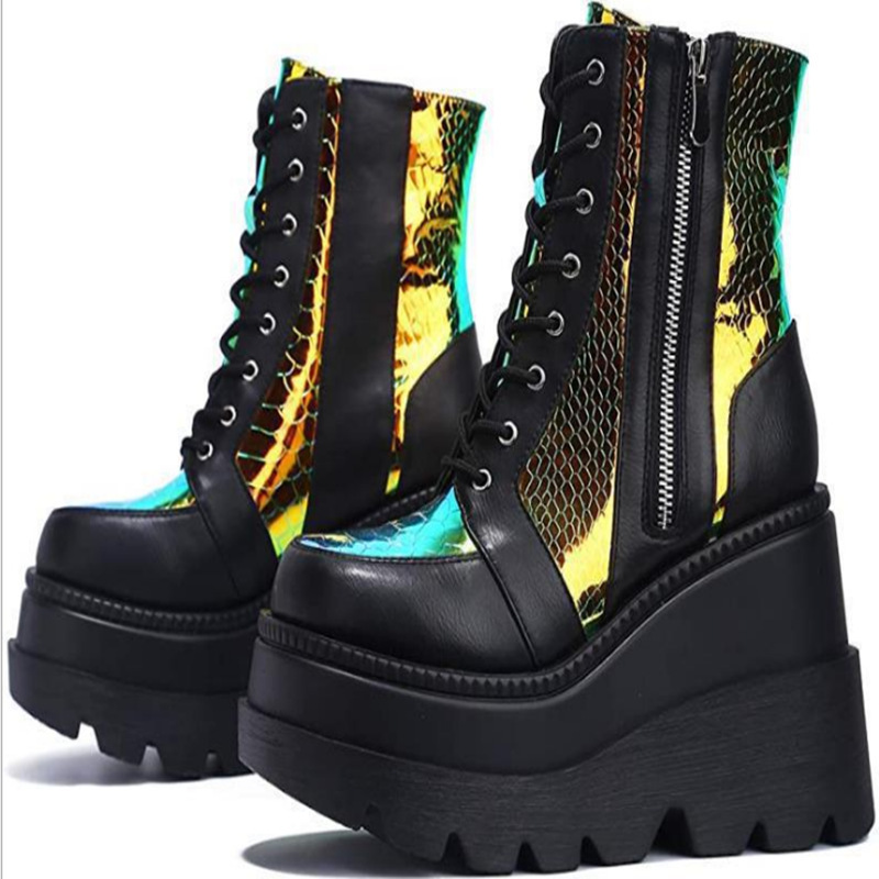 Pump Heel Block - ฤดูใบไม้ผลิและฤดูใบไม้ร่วง 9.5 ซม.หนาสีบล็อกผู้หญิงรองเท้าส้นลาดปั๊มกลางลูกวัวรองเท้าบูท PLUS ขนาด,35-43