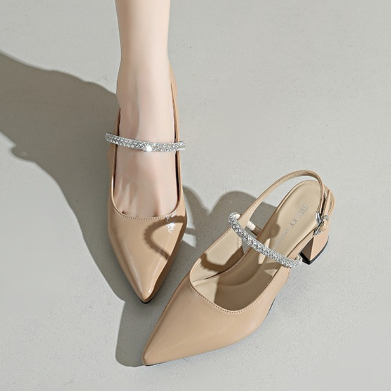 Formal Women Daily Wear Shoes - รองเท้าส้นสูงแบบสวมเปิดส้นประดับเพชรทรงเหลี่ยมสำหรับผู้หญิง เหมาะสำหรับงานแต่งงาน งานเลี้ยง และใส่ในชีวิตประจำวัน