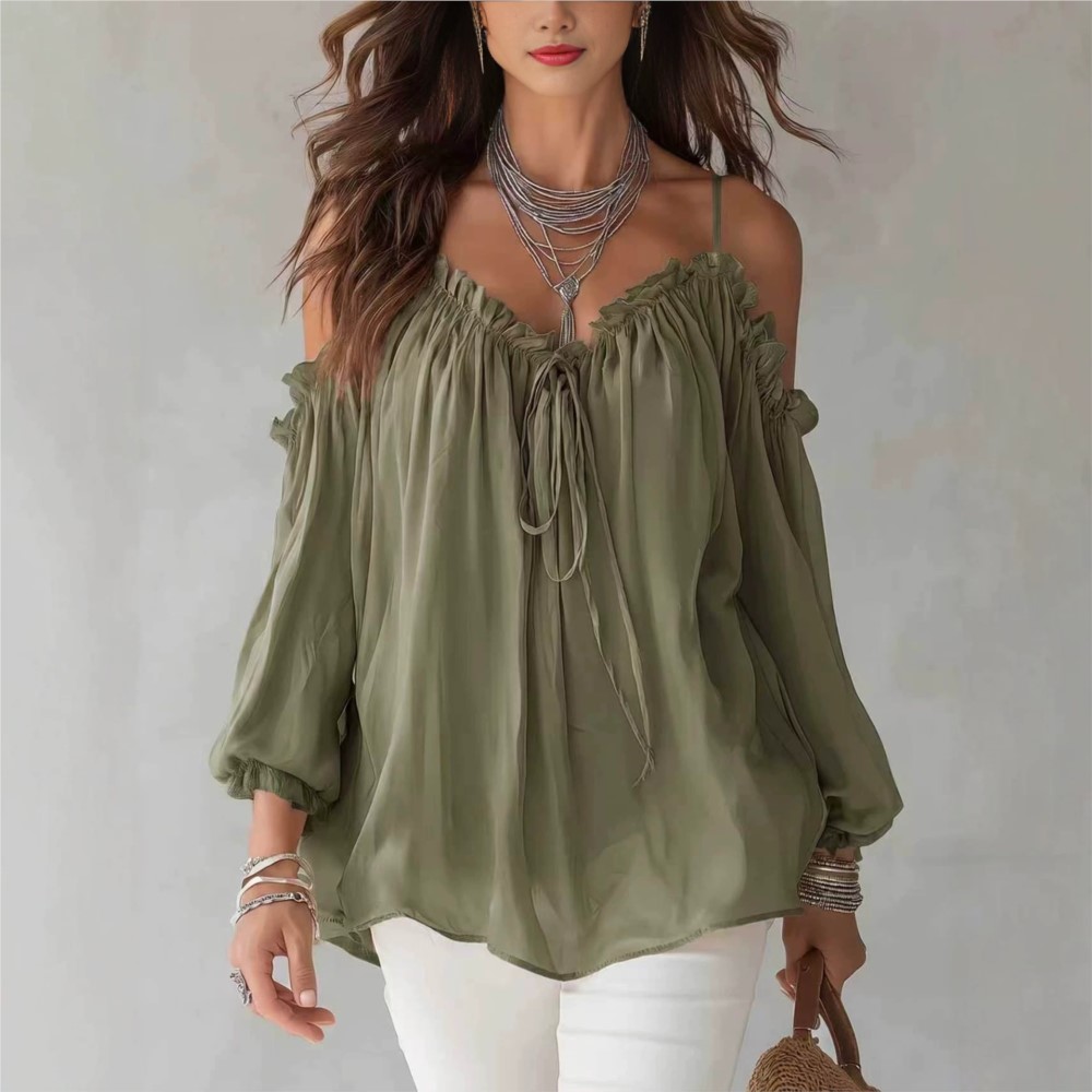 Women'S Formal Wear Blouse - เสื้อชีฟองแขนยาวทรงหลวมสไตล์ลำลองสำหรับฤดูร้อน ดีไซน์หรูหราเปิดไหล่ คอวีแต่งระบาย พร้อมเชือกผูกและแขนพอง