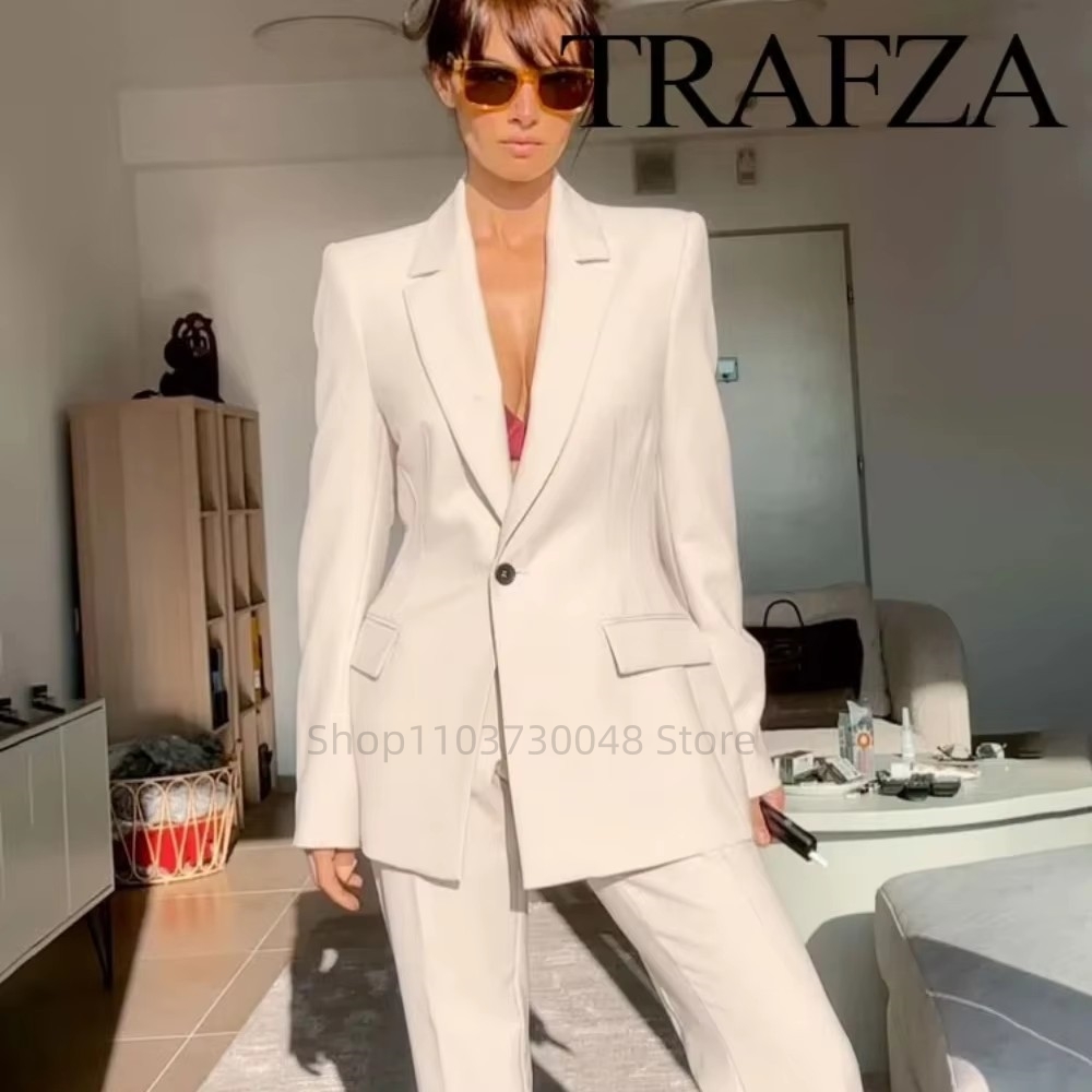 Women'S Office Formal Wear For Ladies - แฟชั่นชุดสูทสตรีสำหรับออฟฟิศ เสื้อเบลเซอร์และกางเกงขายาว สีขาว/แดง ชุดทำงานสำหรับผู้หญิง ชุดทำงาน 2