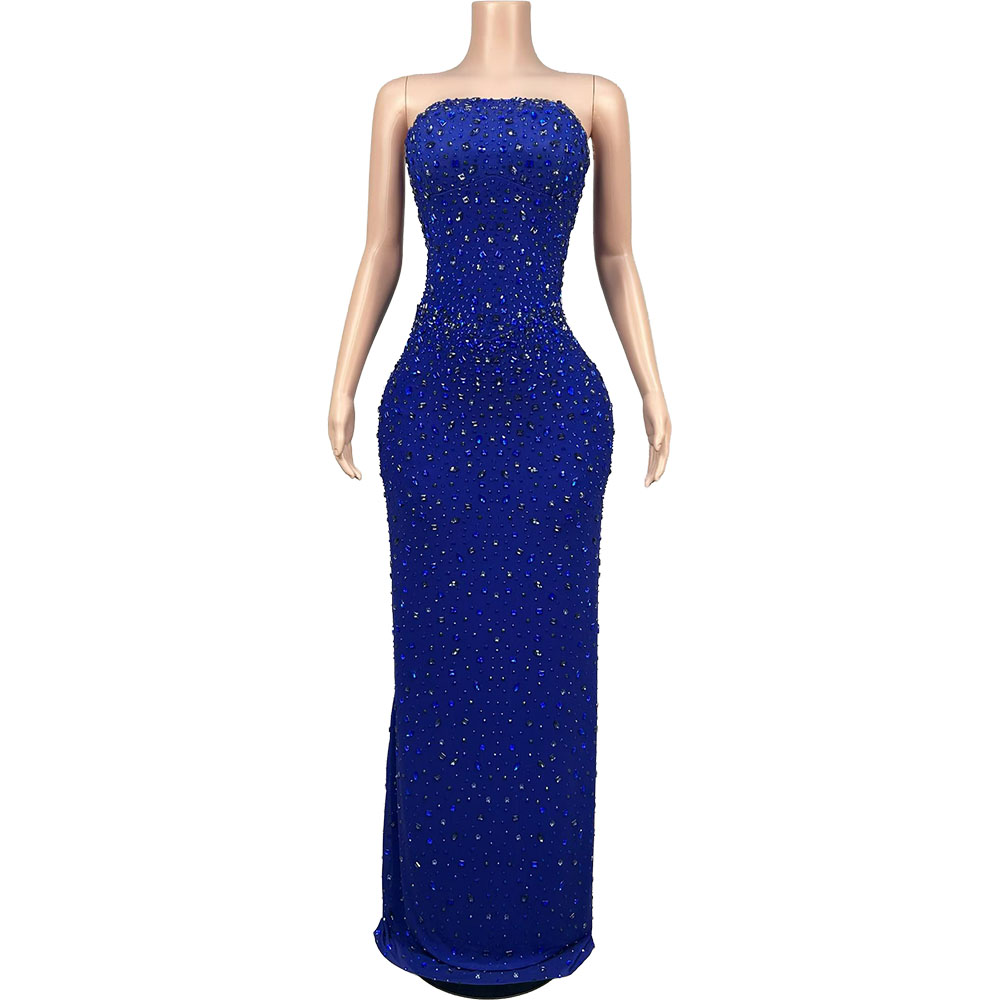 Women Luxury Formal Wear - ชุดราตรีเกาะอกสีน้ำเงินประดับคริสตัลหรูหรา สำหรับงานกาล่า งานพรอม พรมแดง ชุดออกงานหรูหรา คริสตัล