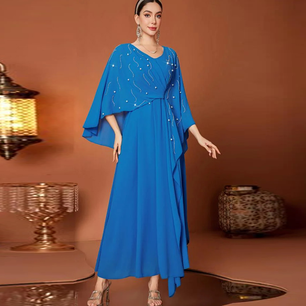 Women Luxury Formal Wear - ชุดราตรีหรูหรา คอวี แขนเสื้อคลุมประดับลูกปัดและคริสตัล ช่วงเอวบิดเกลียว ชุดออกงานสำหรับผู้หญิง สามารถสั่งตัดได้
