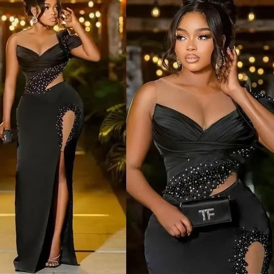 Women'S Formal Wear Plus Size - ชุดราตรีผ้าซาตินไซส์ใหญ่สำหรับงานพิธีการ งานเลี้ยง งานพรอม ดีไซน์เซ็กซี่ สีดำ คอซีทรู