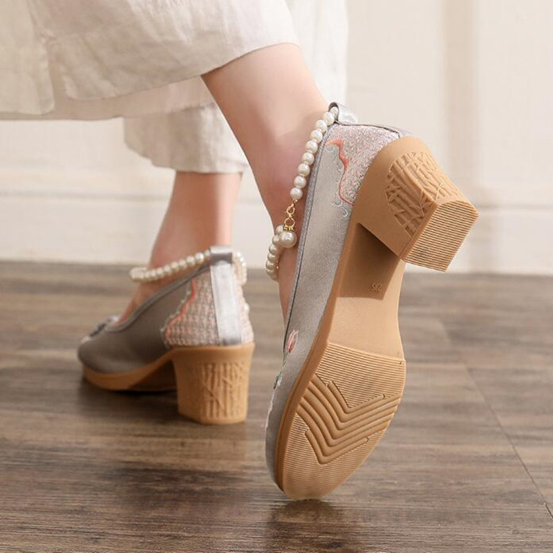 ผู้หญิงวินเทจไข่มุกสายรัดข้อเท - Pump Heel Block บทวิจารณ์และราคา