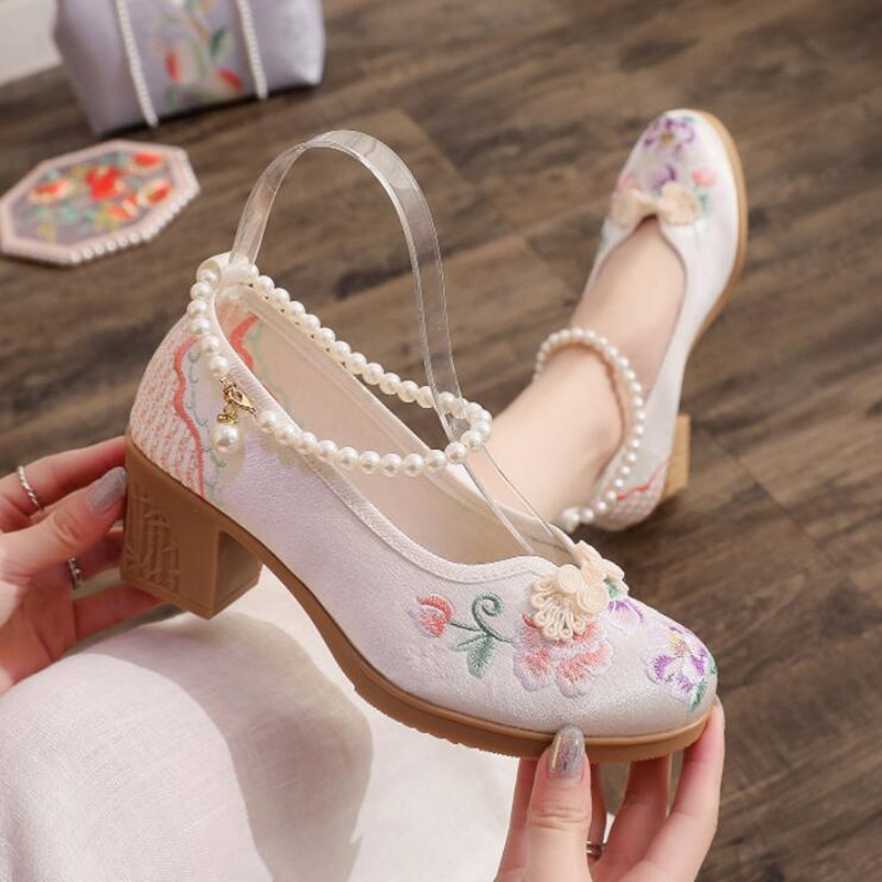 ผู้หญิงวินเทจไข่มุกสายรัดข้อเท - Pump Heel Block บทวิจารณ์และราคา