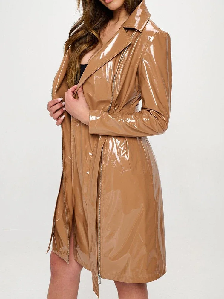 หนังสังเคราะห์เงาวาวผูกคอปกเสื - Trench Coat Formal บทวิจารณ์และราคา